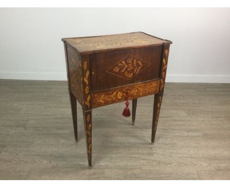 19TH CENTURY DUTCH MAHOGANY AND FLORAL MARQUETRY SIDE CABINET, enclosed by a tambour door, on square tapered legs with brass 