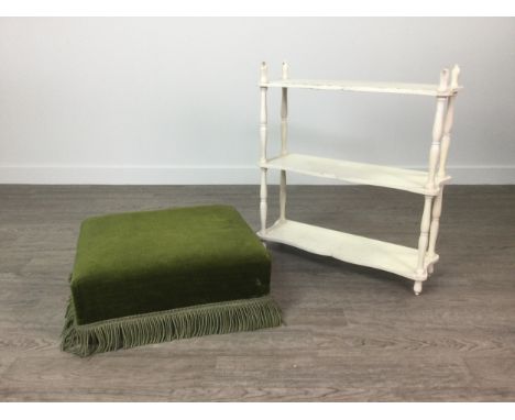 EARLY 20TH CENTURY RECTANGULAR FOOTSTOOL, upholstered in green velour, with mahogany squat circular feet, along with a painte