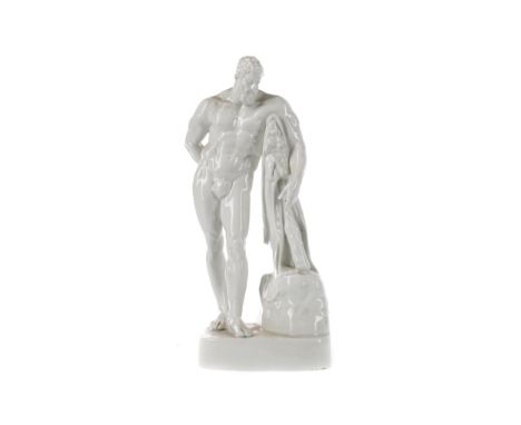 LATE 19TH CENTURY CONTINENTAL PORCELAIN FIGURE OF THE FARNESE HERCULES, modelled standing contrapposto by a tree trunk with c