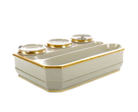 EARLY 19TH CENTURY WEDGWOOD DRABWARE INK STAND, of rectangular form with canted corners, fitted with pounce pot and inkwell, 