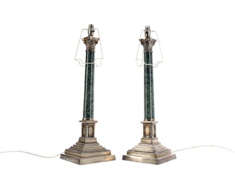 PAIR OF EARLY 20TH CENTURY CORINTHIAN COLUMN TABLE LAMPS, each on a stepped square base, gilded and marbled wood, wired for e