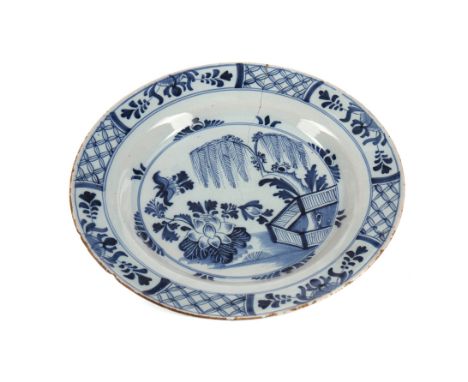 LATE 18TH CENTURY DUTCH DELFTWARE BLUE &amp; WHITE CHARGER, the central reserve hand-painted with a Chinoiserie garden, withi