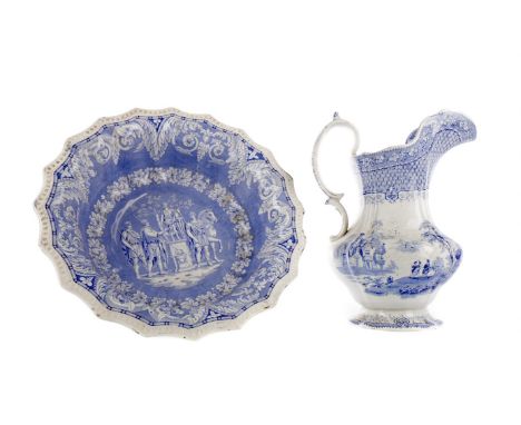 MID-VICTORIAN STAFFORDSHIRE BLUE &amp; WHITE EARTHENWARE WASH BASIN AND EWER, composite set, the ewer in the Tudor Mansion pa