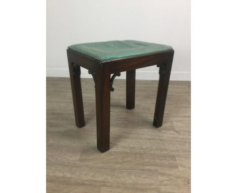 19TH CENTURY MAHOGANY OBLONG STOOL OF CHIPPENDALE DESIGN, with upholstered drop in seat, on square chamfered legs with c-scro