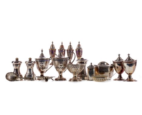 LATE VICTORIAN SILVER PLATED CRUET SET, comprising two mustard pots with blue liners, two open salts with blue liners, and fo
