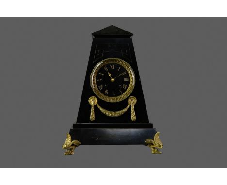 VICTORIAN 'EGYPTIAN REVIVAL' BLACK SLATE MANTEL CLOCK, in the form of an obalisk, the circular dial with Roman numerals in gi