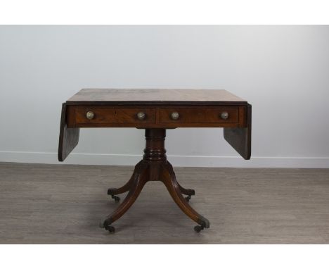 REGENCY MAHOGANY SOFA TABLE, the top with reeded edge, two frieze drawers, on a turned ringed pillar, on quadruple splayed le