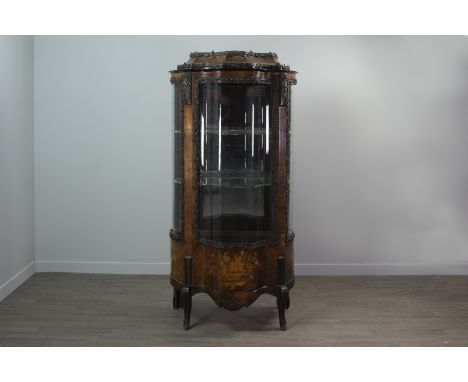 19TH CENTURY FRENCH KINGWOOD AND BRONZED METAL VITRINE, the cabinet of 'D' shaped outline, with a caddy shaped cornice mounte