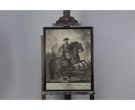 SIR JOSHUA REYNOLDS (AFTER) THE RIGHT HON. JOHN LORD VISCOUNT LIGONIER on horseback with battle raging beyond, Mezzotint by E