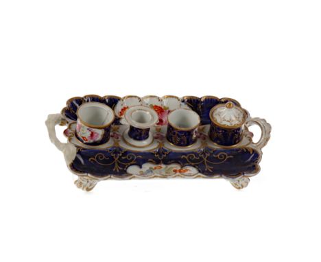EARLY 19TH CENTURY ENGLISH PORCELAIN INK STAND, likely Coalport, of oblong form with twin handles and scalloped rim, fitted w