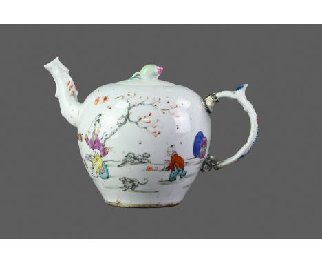 19TH CENTURY CHINESE FAMILLE ROSE TEAPOT AND COVER, of bullet form, the hoop handle with white metal mounts, the cover with b