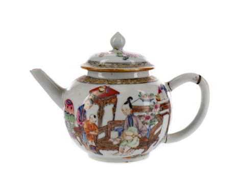 19TH CENTURY CHINESE FAMILLE ROSE TEAPOT AND COVER, of cannonball form, the domed cover with bud finial, the body hand-painte
