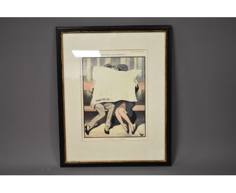 A French Lovers Print, 30cm by 22cm, depicting two lovers sharing a kiss behind a Le Journal newspaper, titled La Feuille A L