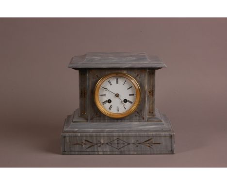 A late Victorian grey marble mantle clock, 27cm wide, together with Three small Edwardian and later and later clocks, includi