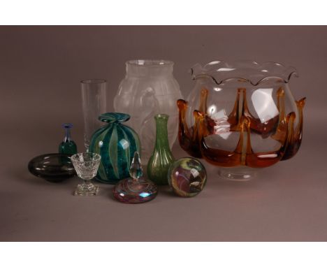 Ten items of mid and later 20th century glass, including a large clear glass light shade with amber applied decoration, 25cm 