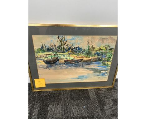 E. Ernst (20th century), watercolour on paper, 49cm by 67cm, Boats on Lake, together with a large floral print and a print by