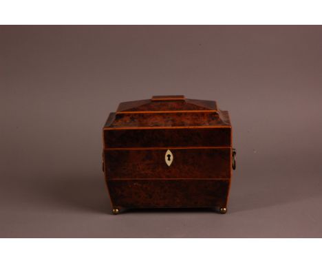 An early Victorian burr walnut and satinwood tea caddy, 19.5cm wide, with dual compartment 