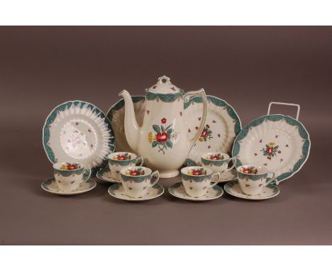 An Art Deco Royal Doulton pottery Lowestoft Bouquet pattern part coffee service, coffee pot, six cups and saucers, one damage