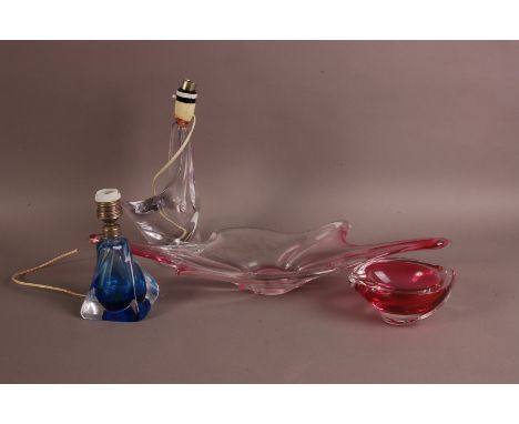 Four items of mid 20th century European glass, ncluding a blue and clear glass lamp base by Val St. Lambert, another clear gl