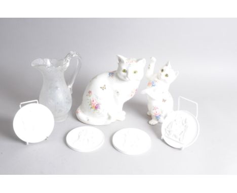 Four Royal Copenhagen bisque porcelain Greek style plaques, 14cm diameter, together with a Just Cats pottery cat and kitten a
