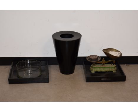 Two modern black painted trays, together with a vase, a glass bowl and a set of vintage scales 