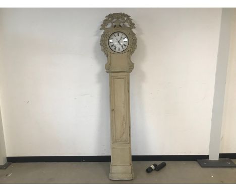 A 19th century French long cased clock, AF, 212cm high, the slender case with carved door to upper, lacks top, housing an eig