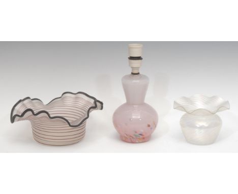 A Vasart type table lamp, the opaque pink glass ovoid base with a swirl of colourful canes, 17cm excluding fittings; a Loetz 
