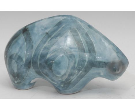A Rye Pottery ceramic animal, a bison, by David Sharpe (English, contemporary), hand painted with geometric shapes in sgraffi