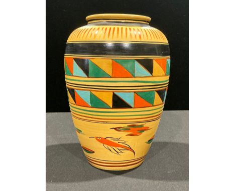Frederick H Rhead Wardle Pottery baluster vase, designed in the art deco taste, painted with shapes and flying birds, in oran