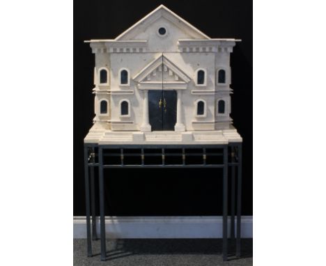 20th Century Design - an American travertine mounted architectural liquor or drinks cabinet on stand, probably Maitland-Smith