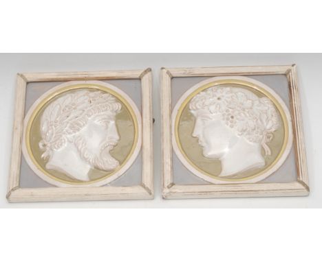 Wall Tiles - a pair of 19th century Maw &amp; Co., Broseley, Salop wall tiles, each in bold relief with classical portraits, 