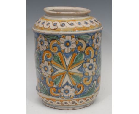 A 19th century Italian maiolica type tin glazed earthenware vase, hand painted guilloche pattern above scrolling acanthus and