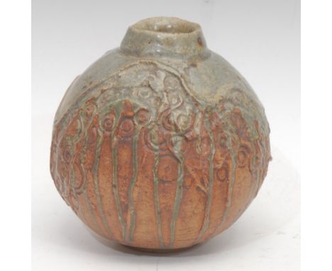 A studio pottery globular vase, by Bernard Rooke (b. 1938-), incised with groups of concentric circles, stamped ROOKE, 18cm h