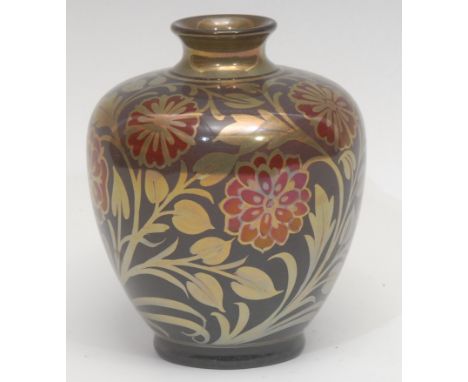 A Pilkington's Royal Lancastrian pottery ovoid lustre vase, decorated by William S Mycock, with stylised flowers, 12cm high, 