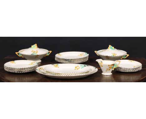An Art Deco Burleigh Ware Zenith Meadowland pattern dinner service, printed and painted with cowslips on a honey glaze ground