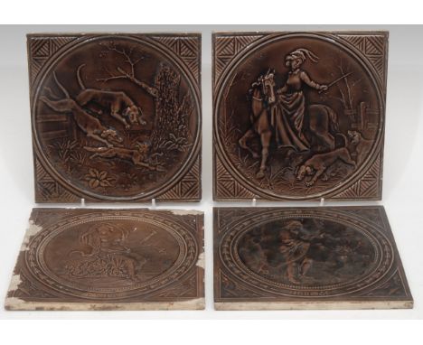 A pair of Victorian Minton Hollins &amp; Co. emaux ombrant wall tiles, moulded with hunting scenes, in sepia, 19cm, c.1880; a