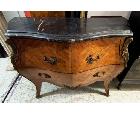 BOMBE COMMODE, 126cm W x 95cm H x 51cm D, with a black marble top with gilt mounts, reproduction. 
