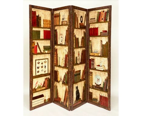 SCREEN, four fold, each panel 191cm H x 59cm W, decorated with books and collectors items, with faux burr walnut reverse. 