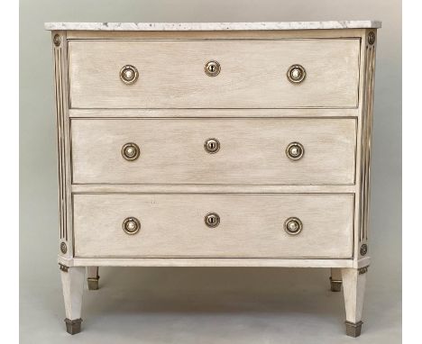 COMMODE, Gustavian style traditionally grey painted with silvered mounts and three long drawers, 87cm x 46cm X 85cm H. 