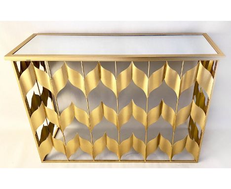 CONSOLE TABLE, 82cm H x 120cm W x 40cm D, chevron design, gilt metal frame, glass top. 