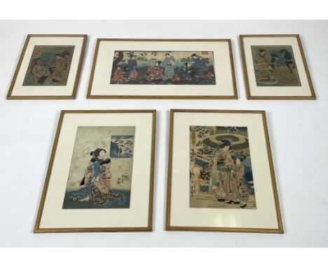 JAPANESE WOODBLOCK PRINTS, two, by Yoshiharu (1828-1888) and Toyokuni III (1786-1864) along with three crepe prints by Kunits