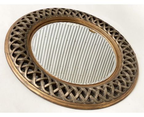 WALL MIRROR, circular bevelled mirror in giltwood cushion platted scroll frame, 120cm W. 