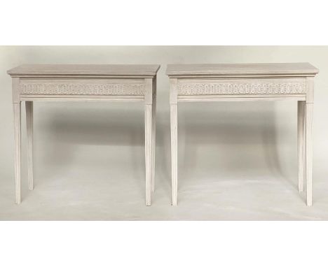 CONSOLE TABLES, a pair, Regency style grey painted each with fluted frieze and square support, 85cm W x 40cm D x 78cn H. 