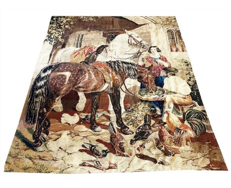 WOOLWORK TAPESTRY, depicting a stable scene, 243cm x 210cm. 