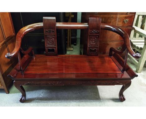 CHINESE BENCH, 136cm W x 54cm D x 78cm H, rosewood with carved details and curved arms. 
