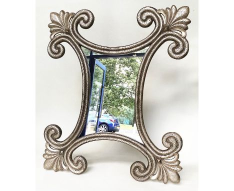 WALL MIRROR, large textured silvered scrolling trefoil frame, 142cm W x 168cm H. 