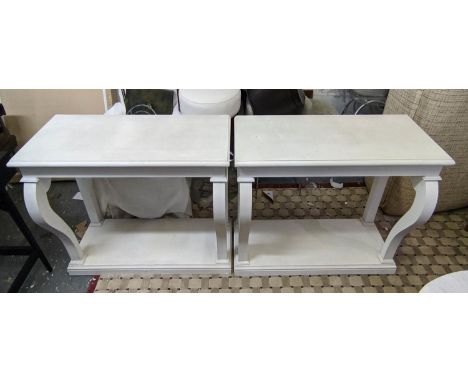 CONSOLE TABLES, a pair, 120cm W x 43cm D x 84cm H, in a painted finish. (2) 