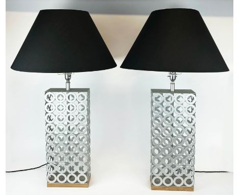 TABLE LAMPS, a pair, 86cm H, metal ring design, with black shades. (2) 