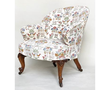 SLIPPER ARMCHAIR, early 20th century mahogany with curved back and arms and 'tapestry' print loose covers, 60cm W. 