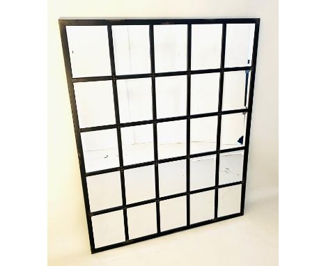 ARCHITECTURAL WALL MIRROR, black painted metal frame, gilt painted detail, 135cm x 110cm. 